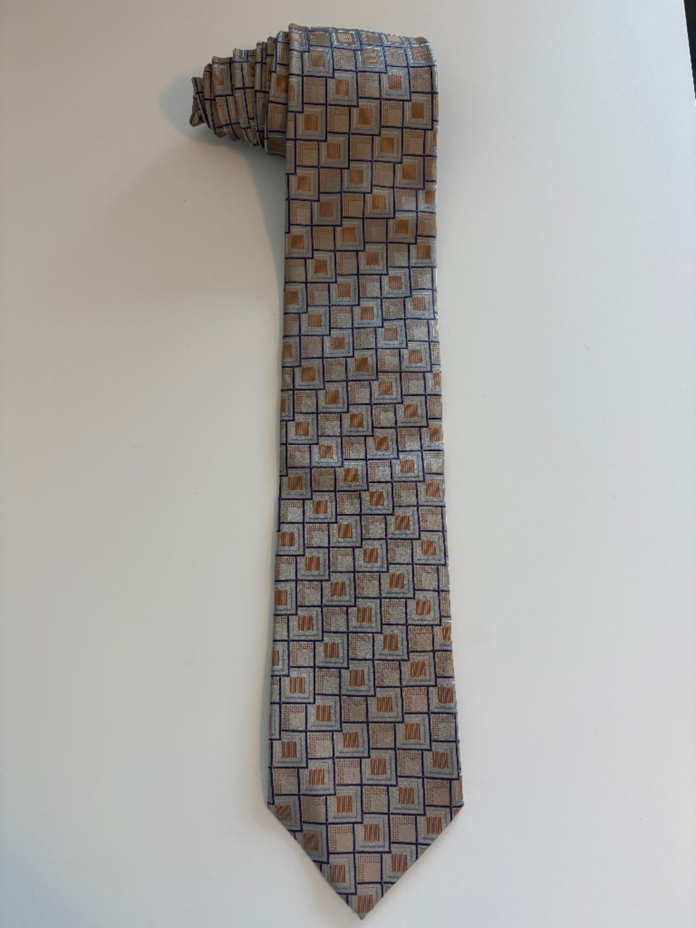 Ermenegildo Zegna Silk Tie Geometric Square Pattern Tan Blue